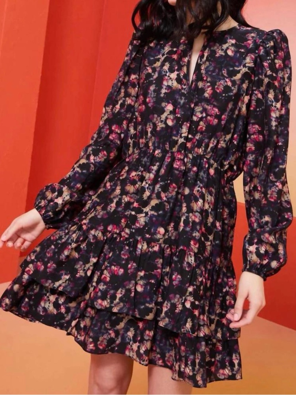Marie Oliver Preston 100% Silk Mariposa Floral Tiered Mini Dress Size Small